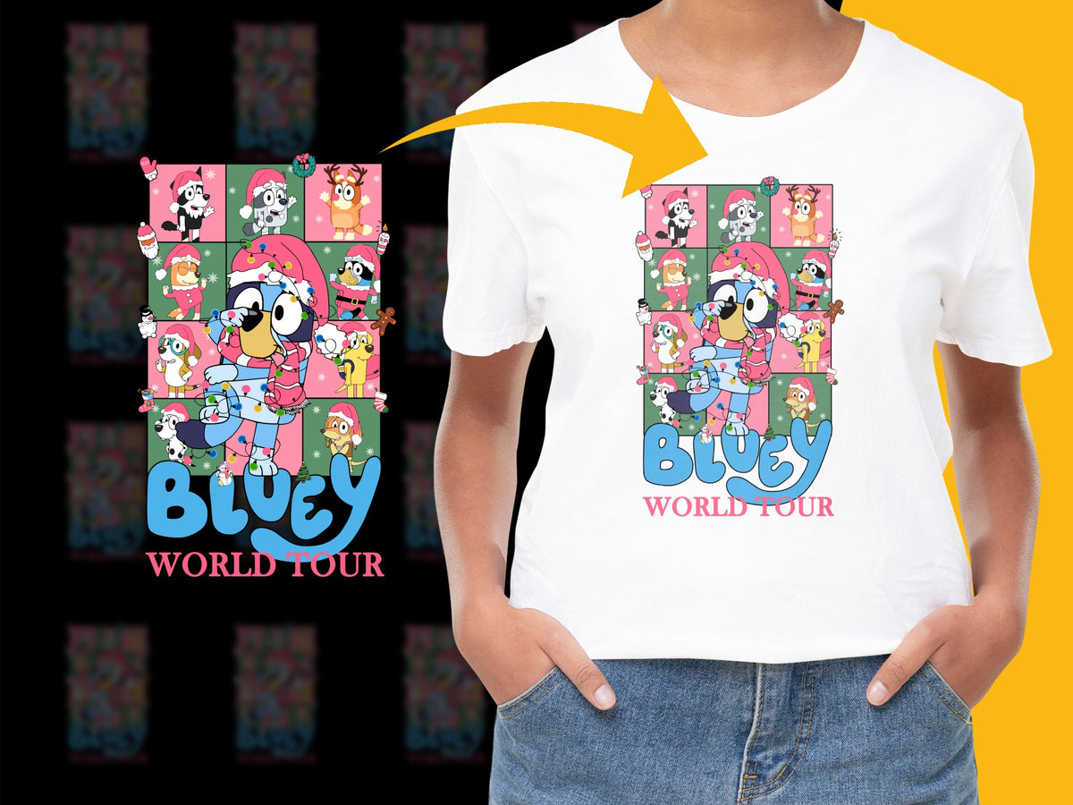 Bluey World Tour T-Shirt, Colorful Cartoon Character Tee, Kids TV Show Merch, Unisex Children's Clothing