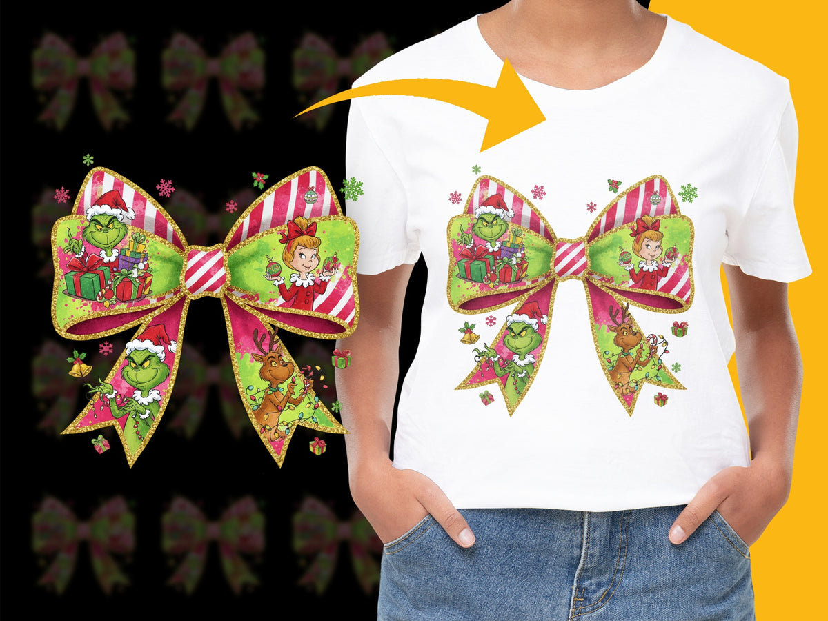 Christmas Shirt for Kids, Grinch Bow Design, Holiday Graphic Tee, Festive Children's Apparel