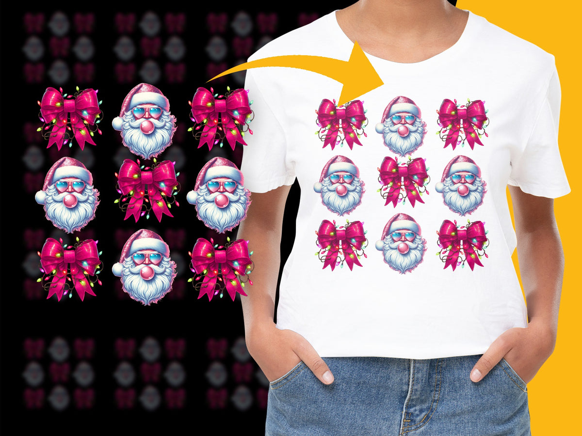 Festive Santa Claus Print T-Shirt, Colorful Christmas Bow Graphics, Holiday Apparel for All Ages