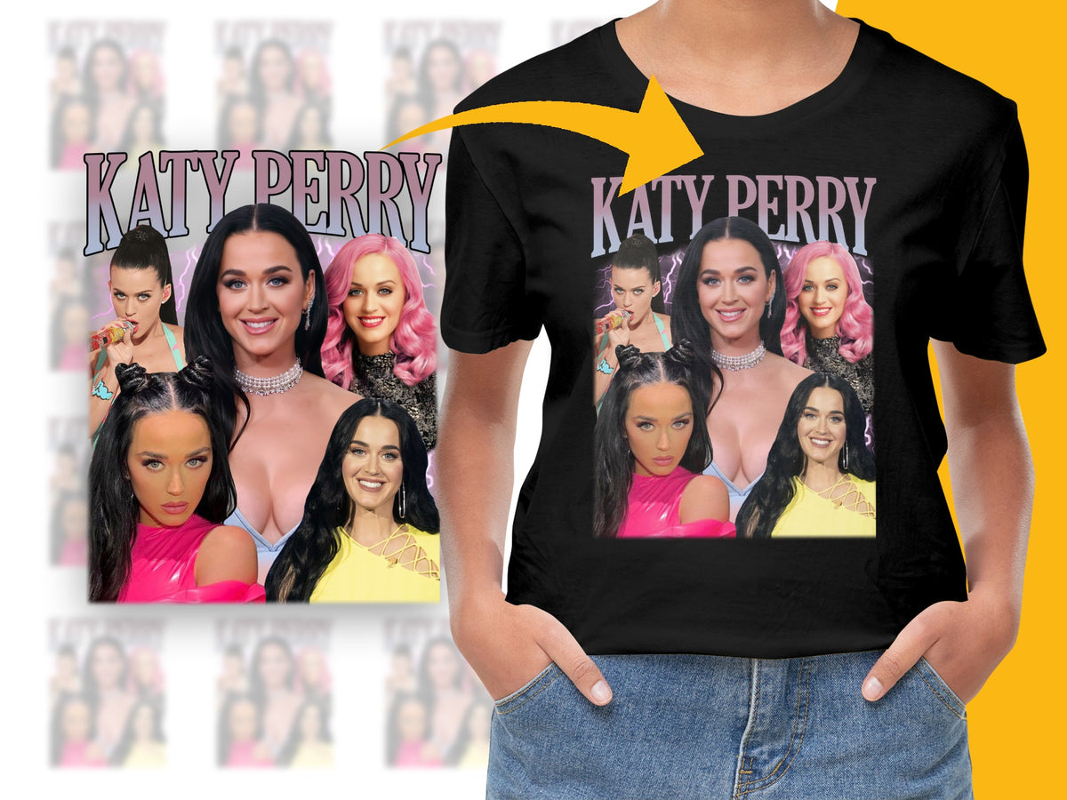 Katy Perry Graphic T-Shirt, Pop Singer Fan Merchandise, Colorful Celebrity Photo Collage T-Shirt