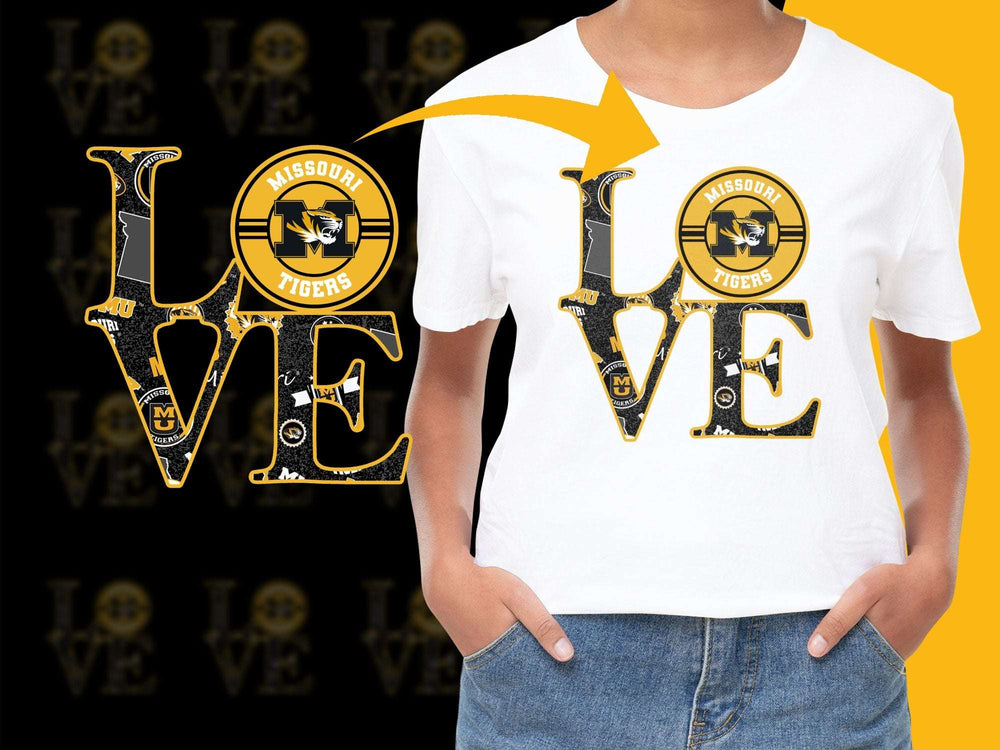 Missouri Tigers Love Graphic T-Shirt, College Sports Team Fan Apparel, Yellow and Black
