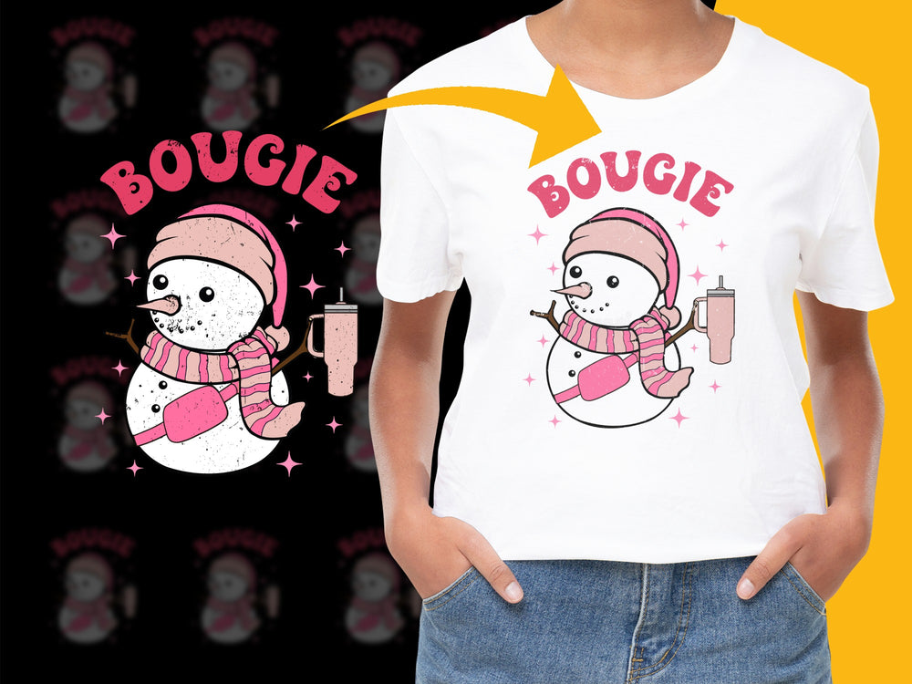 Bougie Snowman Graphic T-Shirt, Cute Winter Tee, Pink and White, Holiday Fashion, Unisex Top for All Ages