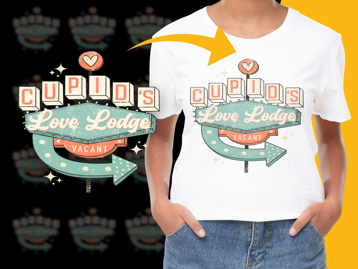 Cupid's Love Lodge T-Shirt, Vintage Style Retro Valentine's Day Gift, Romantic Tee, Unisex Fashion Top