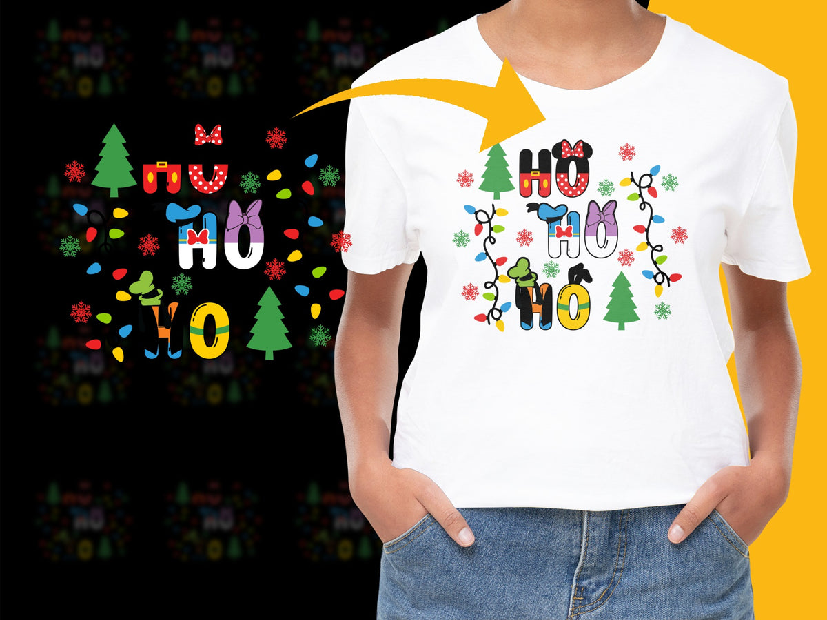 Festive Christmas Holiday T-Shirt, Ho Ho Ho Typography, Colorful Graphic Tee, Casual Apparel for Holiday Season