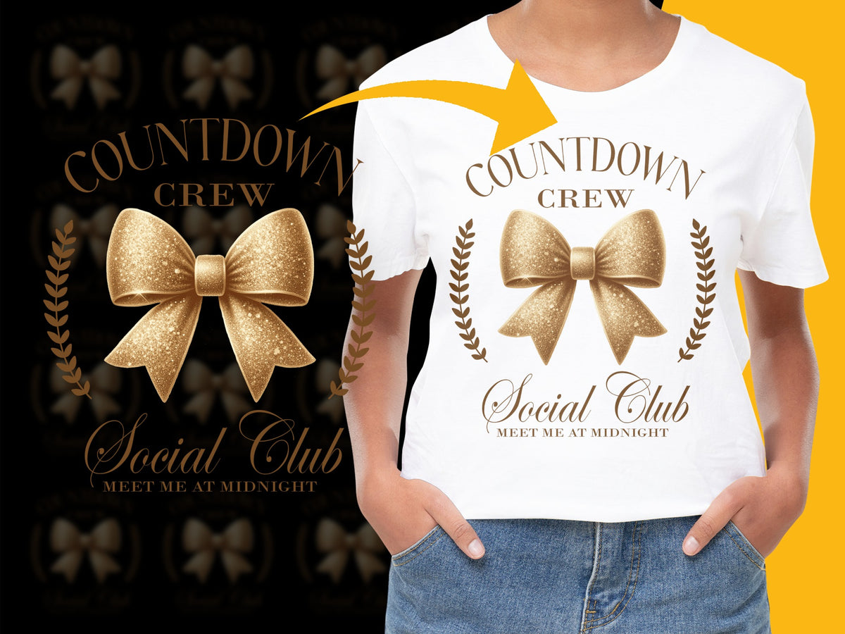 Countdown Crew Social Club Graphic T-Shirt, Gold Bow Print, Meet at Midnight Design, Casual Wear