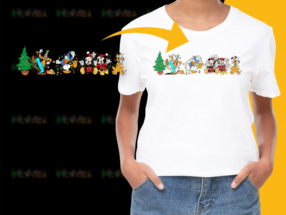 Festive Holiday T-Shirt with Cartoon Christmas Characters, Unisex White Tee, Graphic Holiday Apparel for All Ages.