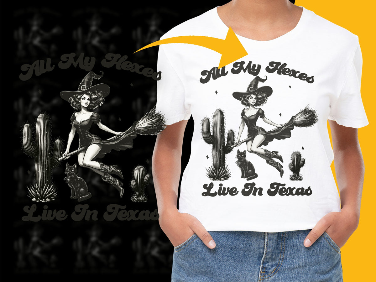 Texas Witch Cowboy Graphic T-Shirt, Western Style Cacti Design, White Tee with Black Print, Unisex Fashion Shirt