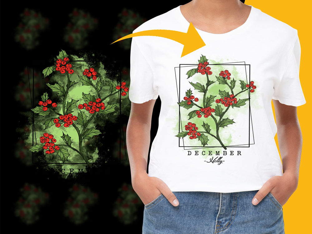 December Holly Berry Graphic T-Shirt, Festive Holiday Botanical Print, Unisex Cotton Tee, Gift Idea