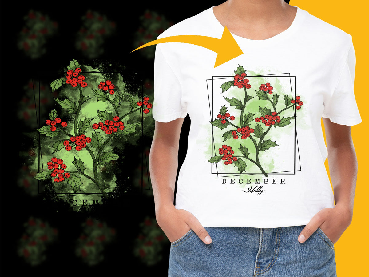December Holly Berry Graphic T-Shirt, Festive Holiday Botanical Print, Unisex Cotton Tee, Gift Idea