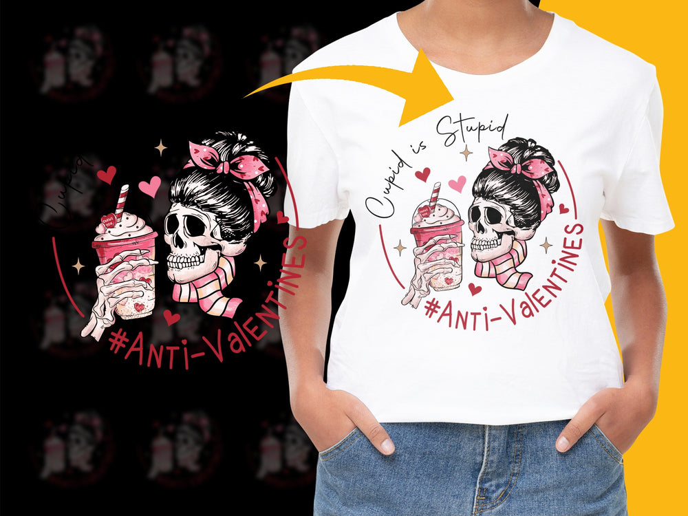 Anti-Valentine's Day T-Shirt, Skull Graphic, Funny Cupid is Stupid Tee, Unisex Casual Outfit
