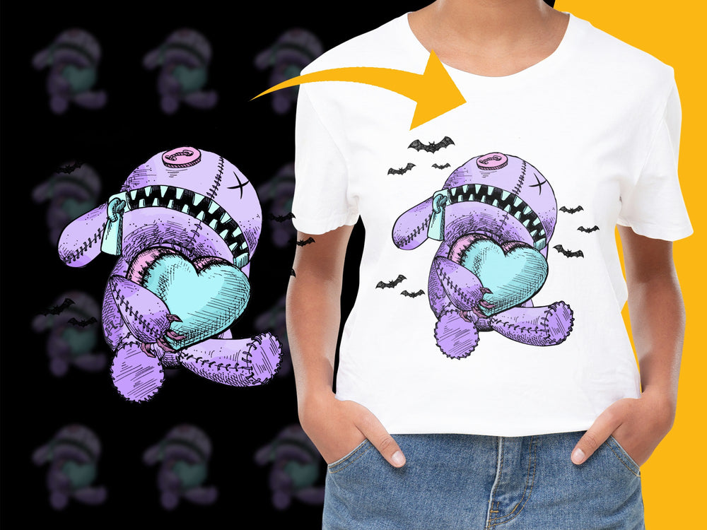 Kids Graphic Tee Purple Monster Heart Design Fun Cartoon Printed T-Shirt Unisex
