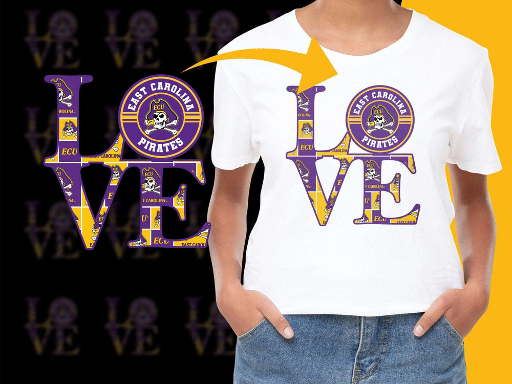 East Carolina University ECU Pirates Love T-Shirt, Purple and Yellow Graphic Tee, College Apparel