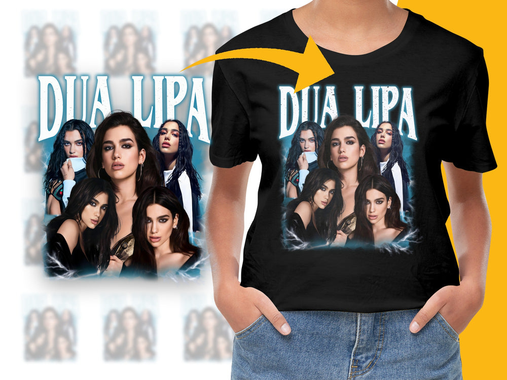 Dua Lipa Graphic T-Shirt, Pop Music Fan Merchandise, Black Cotton Tee with Celebrity Multiple Poses Print
