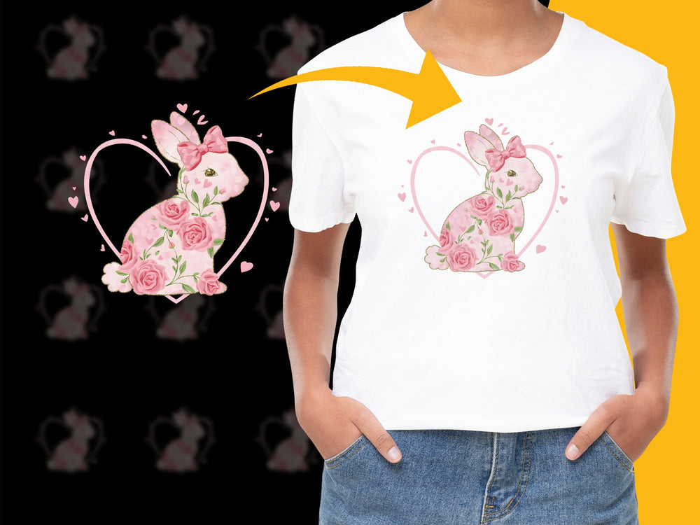 Cute Rabbit Heart T-Shirt, Floral Bunny Print, Girls' Pink Rose Graphic Tee, Soft Cotton Top for Spring and Summer
