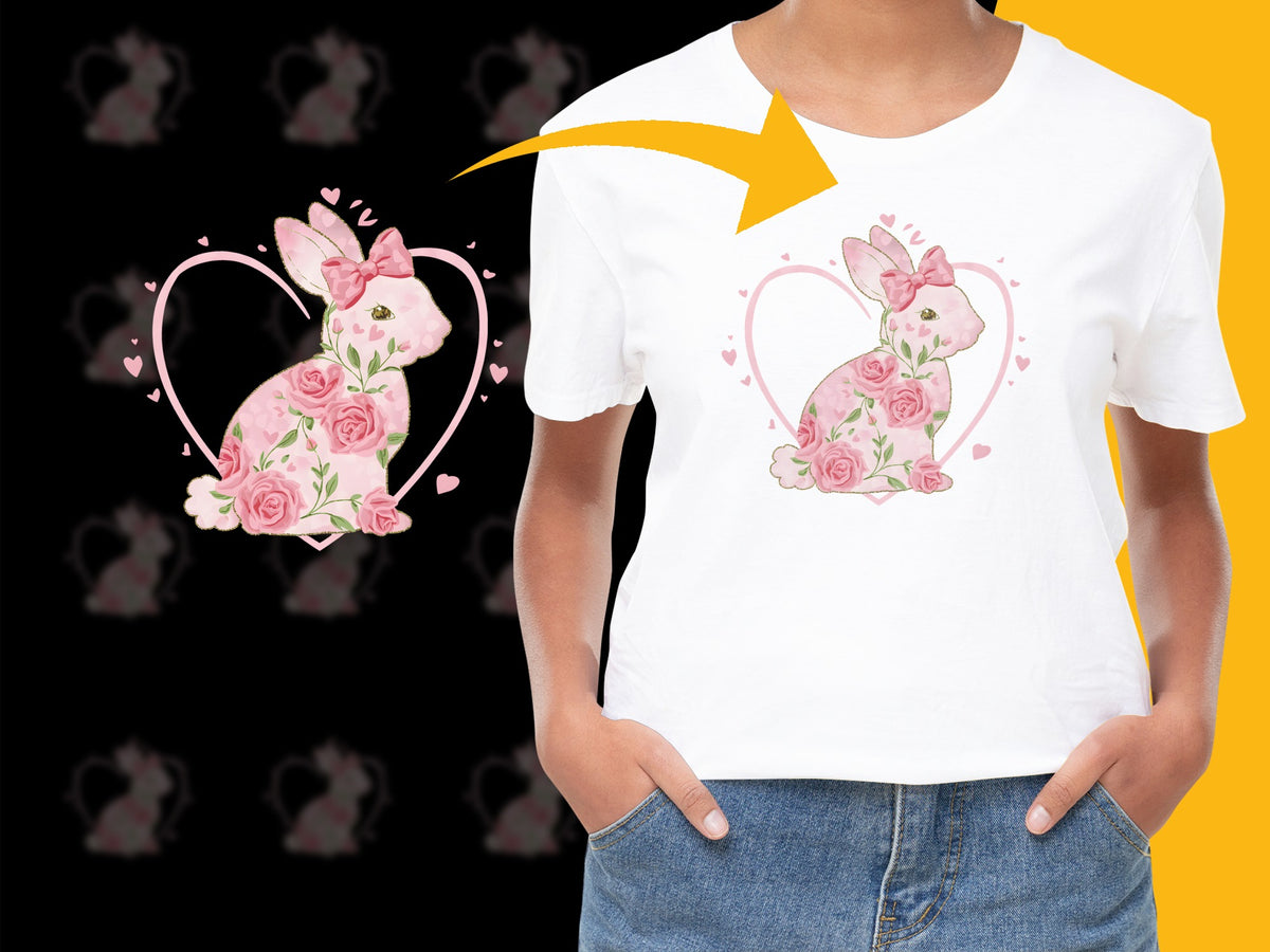 Cute Rabbit Heart T-Shirt, Floral Bunny Print, Girls' Pink Rose Graphic Tee, Soft Cotton Top for Spring and Summer