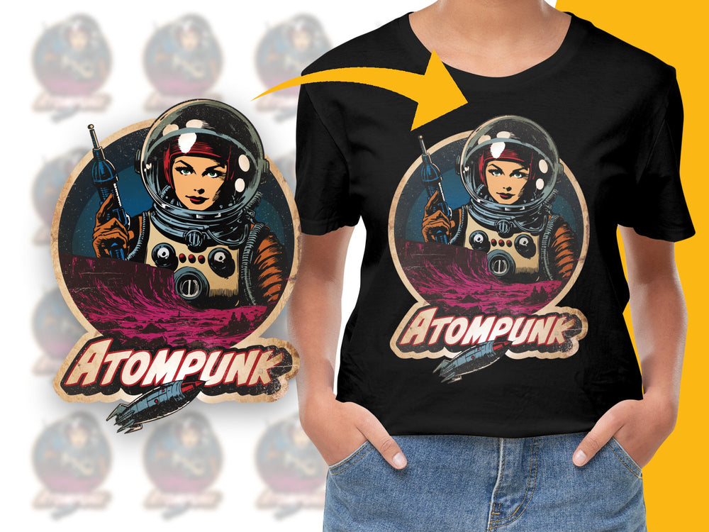 Atompunk Astronaut T-Shirt, Retro Space Graphic Tee, Vintage Sci-Fi Design, Unisex Black Shirt