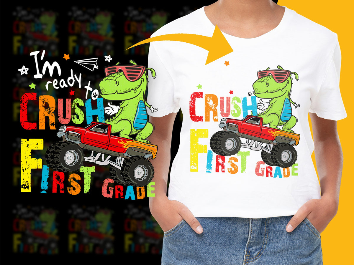 Kids Dinosaur T-Shirt, I'm Ready to Crush First Grade, Boys School Shirt, Cool Dino Graphic Tee, Fun Back to School Outfit
