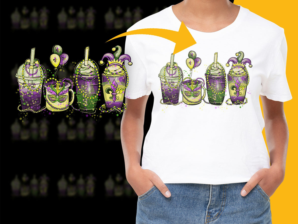 Mardi Gras Themed T-Shirt with Colorful Beads and Masks Design, Festive Carnival Apparel for All Ages