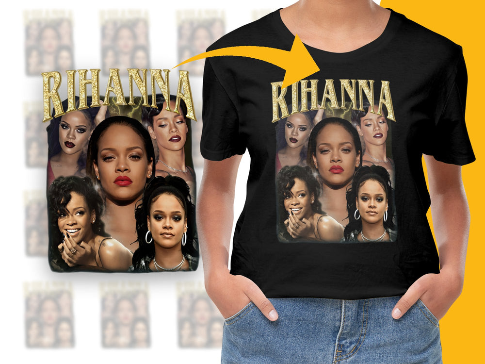 Rihanna Inspired Graphic T-Shirt, Multi-Face Pop Icon Tee, Black Cotton Shirt, Celebrity Fashion Top