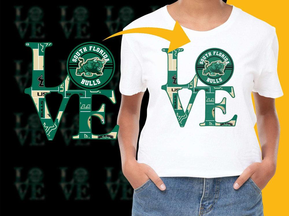 South Florida Bulls Love Graphic T-Shirt, USF Team Spirit Tee, College Football Apparel, Casual Wear for Fans