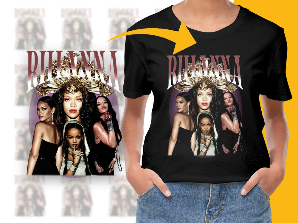 Rihanna Tribute Graphic T-Shirt, Fan Art Collage, Queen Crown Pop Icon Tee, Stylish Women's Black Top