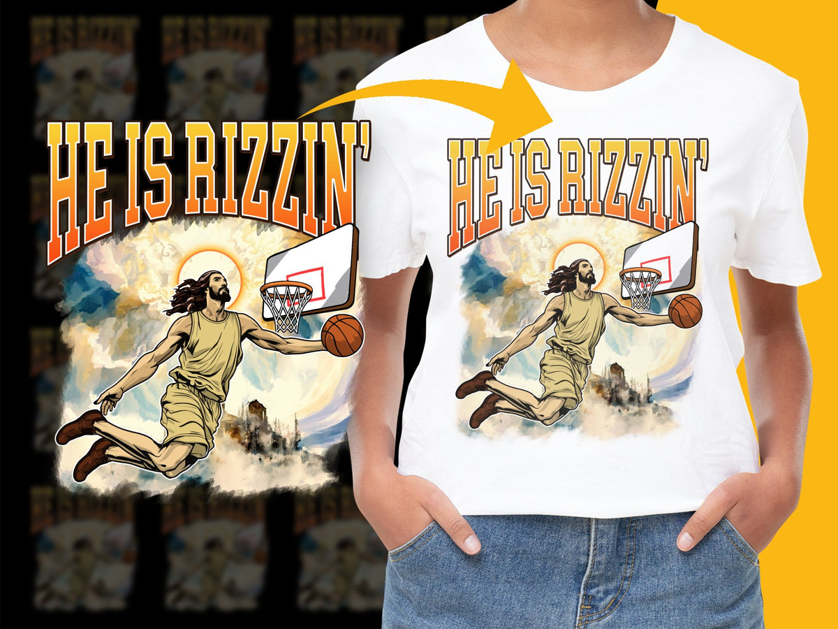 Jesus Basketball T-Shirt, He's Rizzin' Graphic Tee, Religious Sportswear, Christian Apparel, Cool Unisex Streetwear, Gift for Hoop Fans