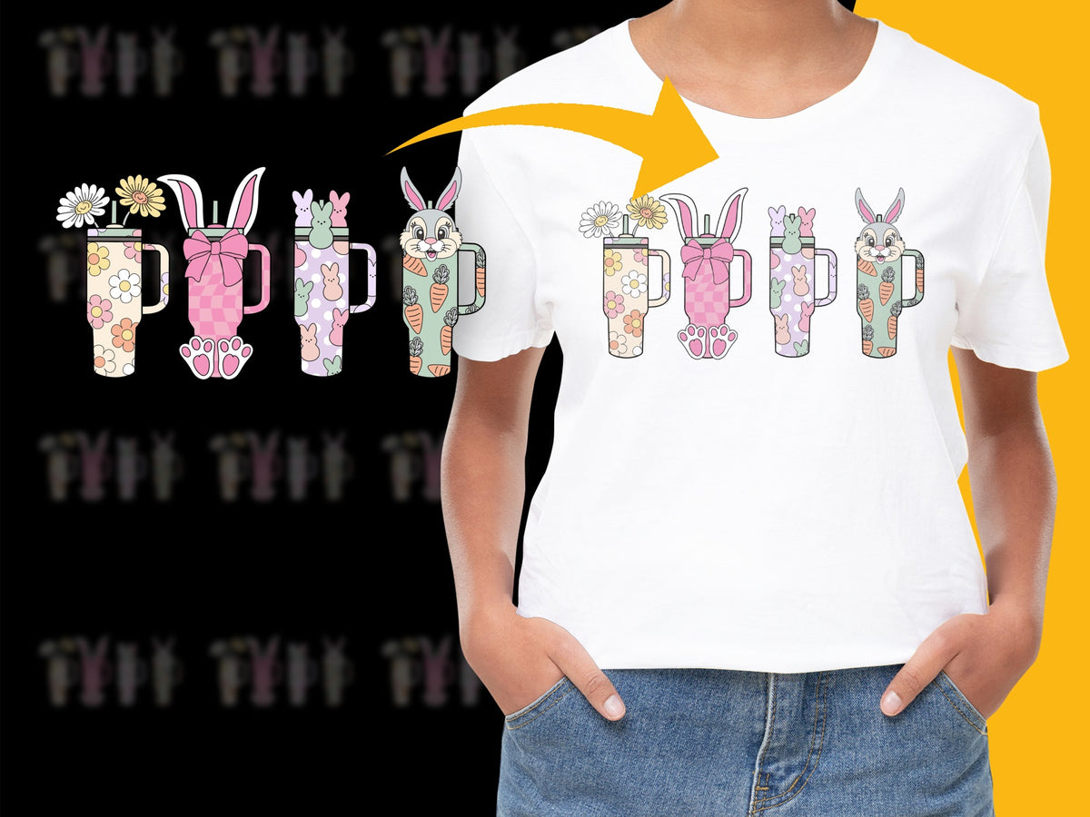 Cute Bunny Floral Alphabet T-Shirt, Spring Flowers Graphic Tee, Women's Casual Fashion Top