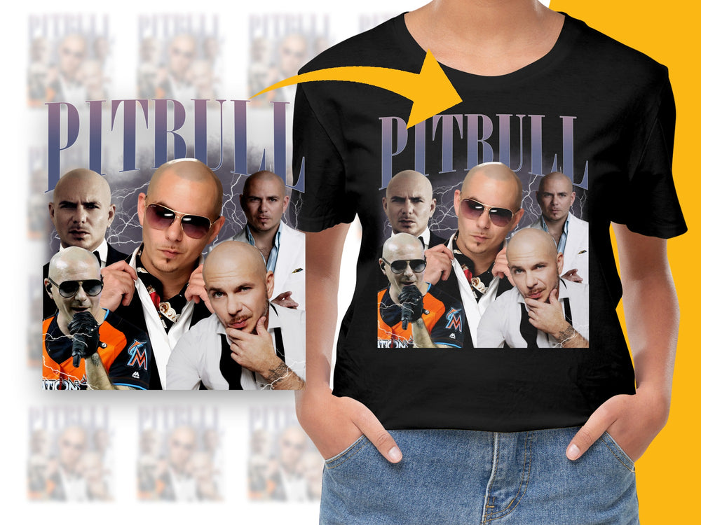 Pitbull Graphic T-Shirt, Fan Merch, Singer Faces Collage, Unisex Black Tee, Music Artist Tribute Shirt, Hip-Hop Pop Apparel