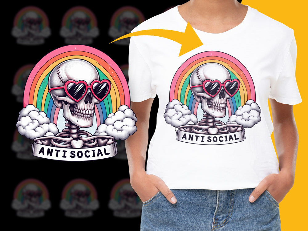 Women's White T-Shirt with Skull Graphic, Antisocial Slogan, Rainbow and Clouds Design, Stylish Casual Wear