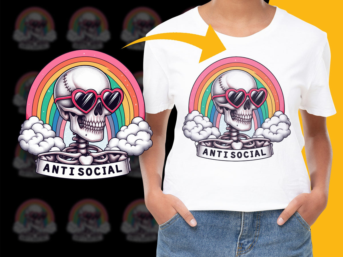 Women's White T-Shirt with Skull Graphic, Antisocial Slogan, Rainbow and Clouds Design, Stylish Casual Wear