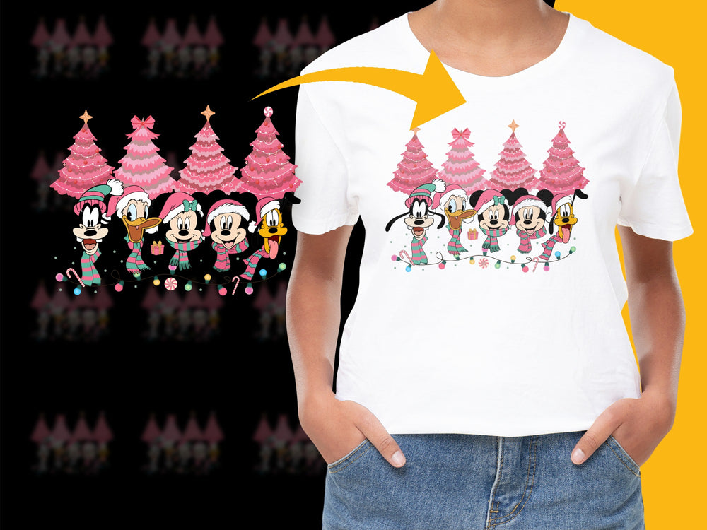 Girls' Holiday T-Shirt Cartoon Characters Pink Trees Festive Children's Apparel