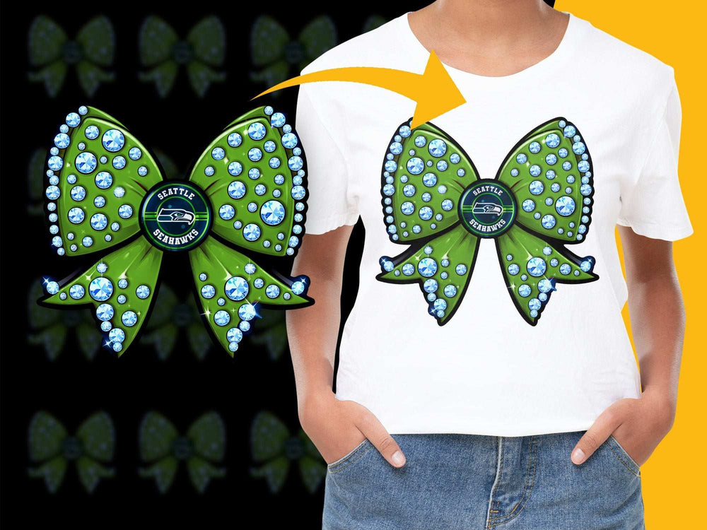 Seattle Seahawks Inspired Rhinestone Bow T-Shirt, Women's Fashion Sports Tee, Sparkly Football Fan Apparel