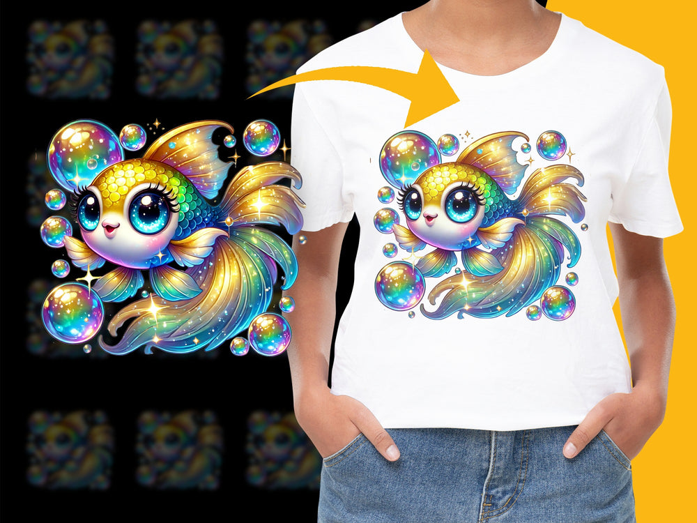 Cute Cartoon Fish T-Shirt, Colorful Bubble Fish Graphic Tee, Kids Unisex Casual Summer Top