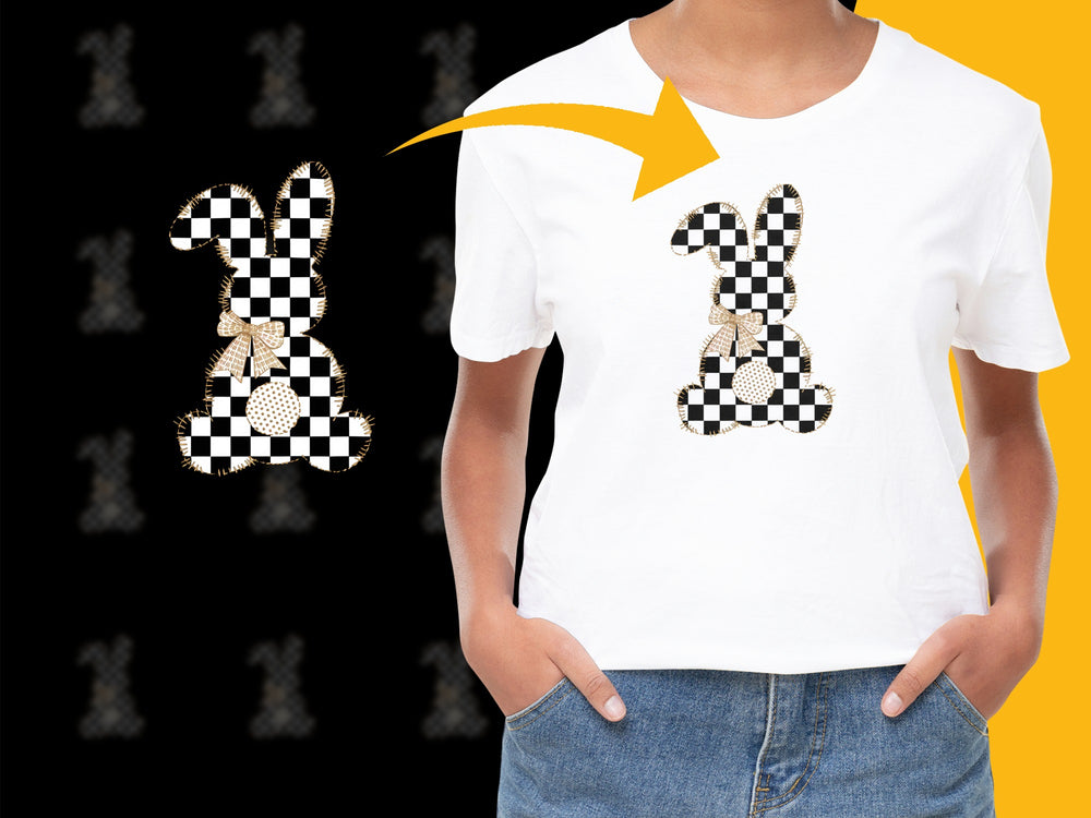 Checkered Bunny Graphic T-Shirt, Black and White Rabbit Design, Unisex Casual Tee, Stylish Animal Print Top