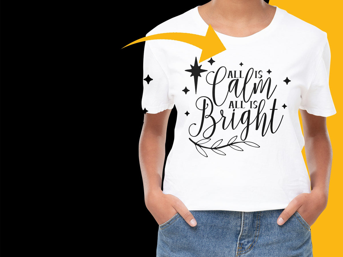 Calligraphy T-Shirt, 'All is Bright' Women's White Graphic Tee, Stylish Holiday Shirt, Perfect Christmas Gift for Her