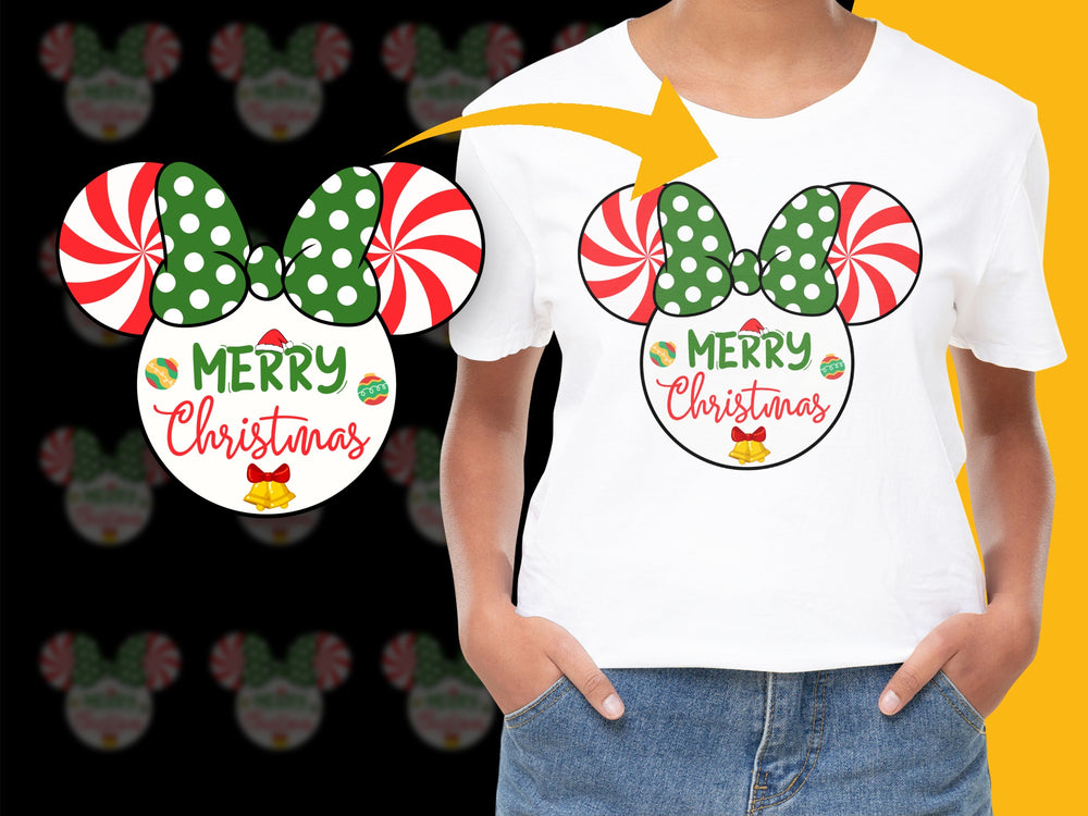 Kids Christmas T-Shirt, Disney Minnie Mouse Ears, Festive Holiday Graphic Tee, Red and Green Polka Dots