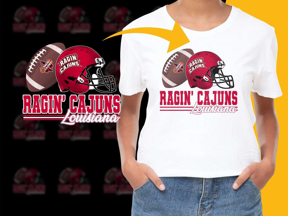 Ragin' Cajuns Louisiana Football Graphic T-Shirt, College Sports Fan Apparel, Red and White Cotton Tee