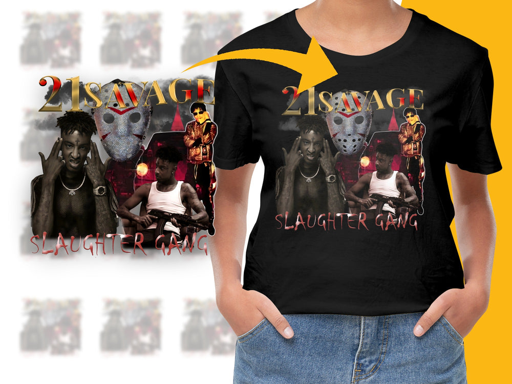 21 Savage Slaughter Gang T-Shirt, Hip Hop Music Fan Tee, Trendy Graphic Shirt, Unisex Black Cotton Shirt