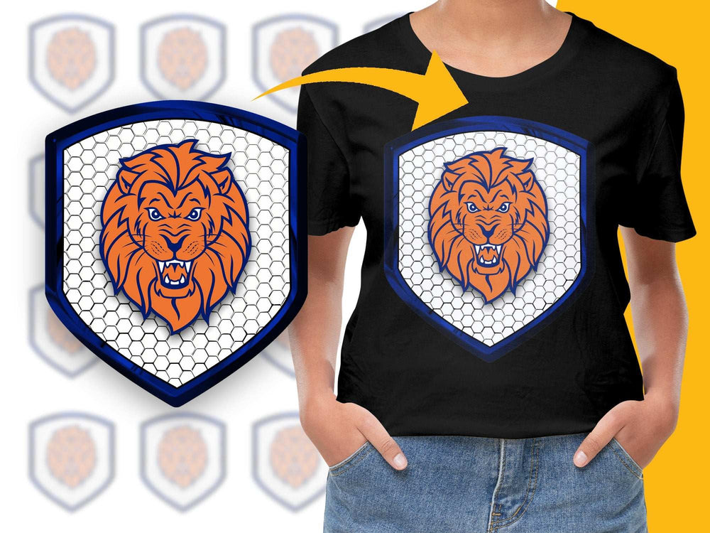Lion Shield Graphic T-Shirt, Bold Orange Blue Design, Men's Casual Wear, Unique Animal Emblem Tee