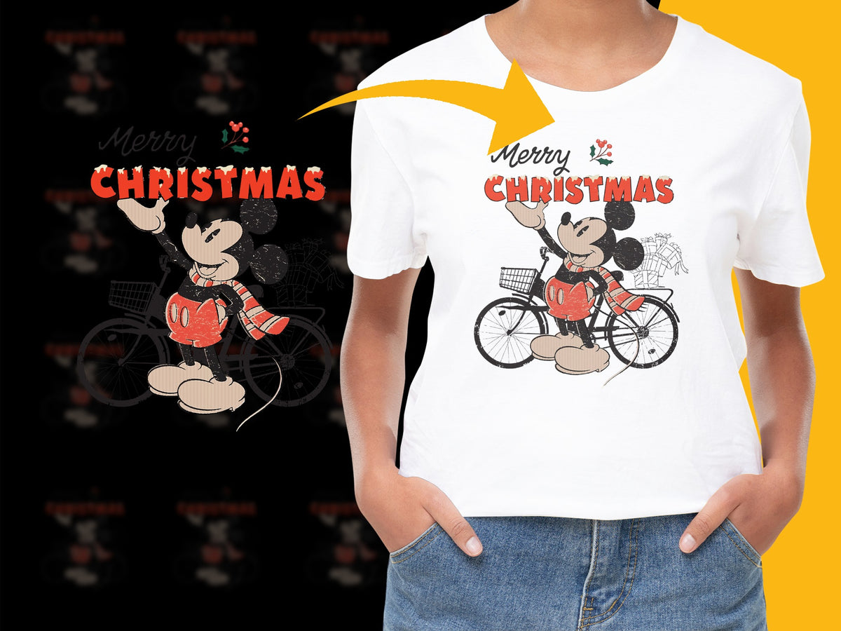 Merry Christmas T-Shirt, Disney Character Bicycle Holiday Tee, Festive Winter Apparel for All Ages