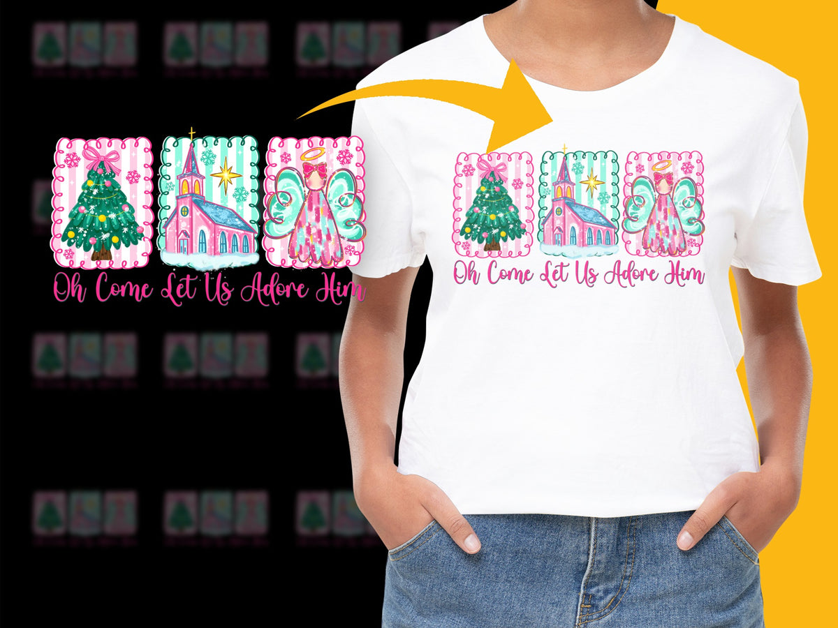 Women's Christmas T-Shirt, Vibrant Holiday Graphics, 'Oh Come Let Us Adore Him', Festive Casual Wear