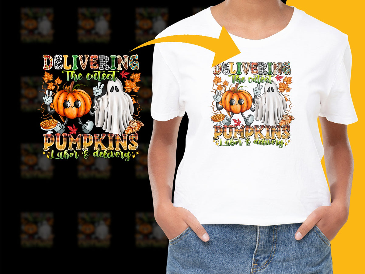 Halloween Ghost Pumpkin T-Shirt, Cute Fall Coffee Delivery Graphic Tee, Unisex Adult and Kids Sizes Available