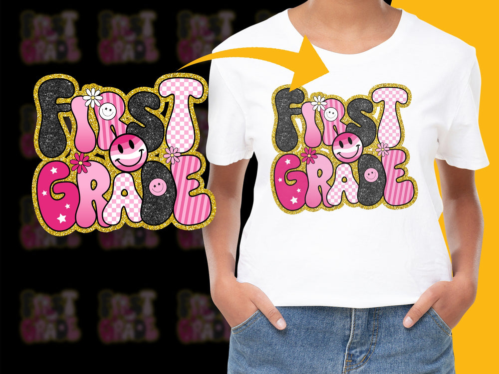Colorful First Grade T-Shirt, Smiley Faces, Stars, Kids School Tee, Bright Pink Yellow, Fun Back To School Outfit