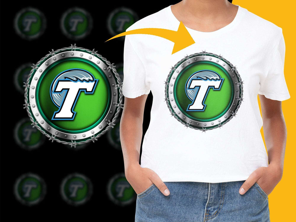 Youth Sports Logo T-Shirt, Custom Graphic Tee, Green Emblem Design, Casual Wear for Kids