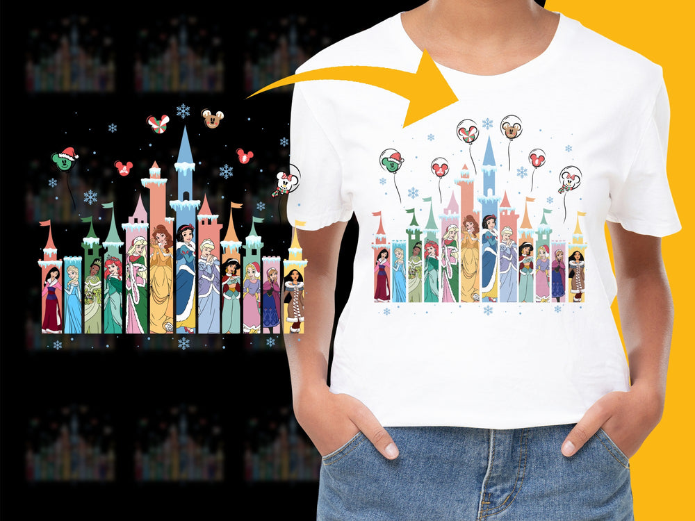 Colorful Medieval Castle and Princess Print Women's T-Shirt, Fantasy Graphic Tee, Whimsical Festival Clothing