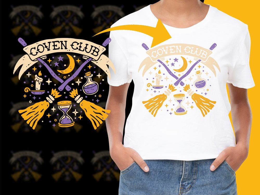 Witchy Coven Club T-Shirt, Magic Symbols Graphic Tee, Moon and Stars, Halloween Casual Top