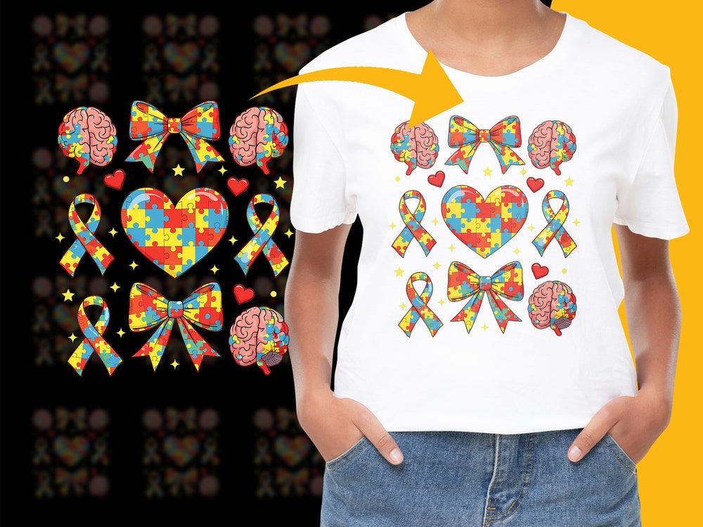 Autism Awareness T-Shirt Colorful Puzzle Pieces Hearts and Ribbons Graphic Tee