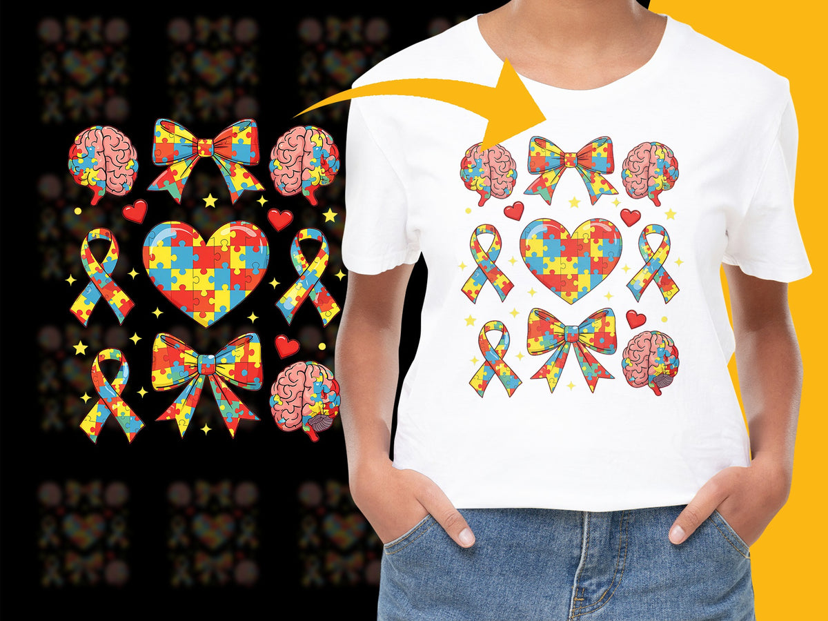 Autism Awareness T-Shirt Colorful Puzzle Pieces Hearts and Ribbons Graphic Tee