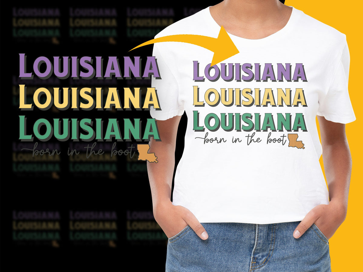 Louisiana Themed T-Shirt, Born in the Boot Graphic, Colorful State Pride Tee