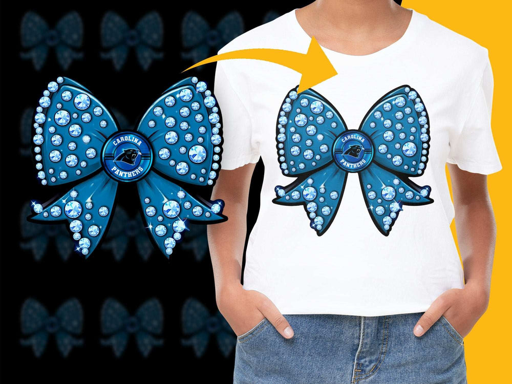 Carolina Panthers Rhinestone Bow Design T-shirt, NFL Fan Blue Sparkly Graphic Tee